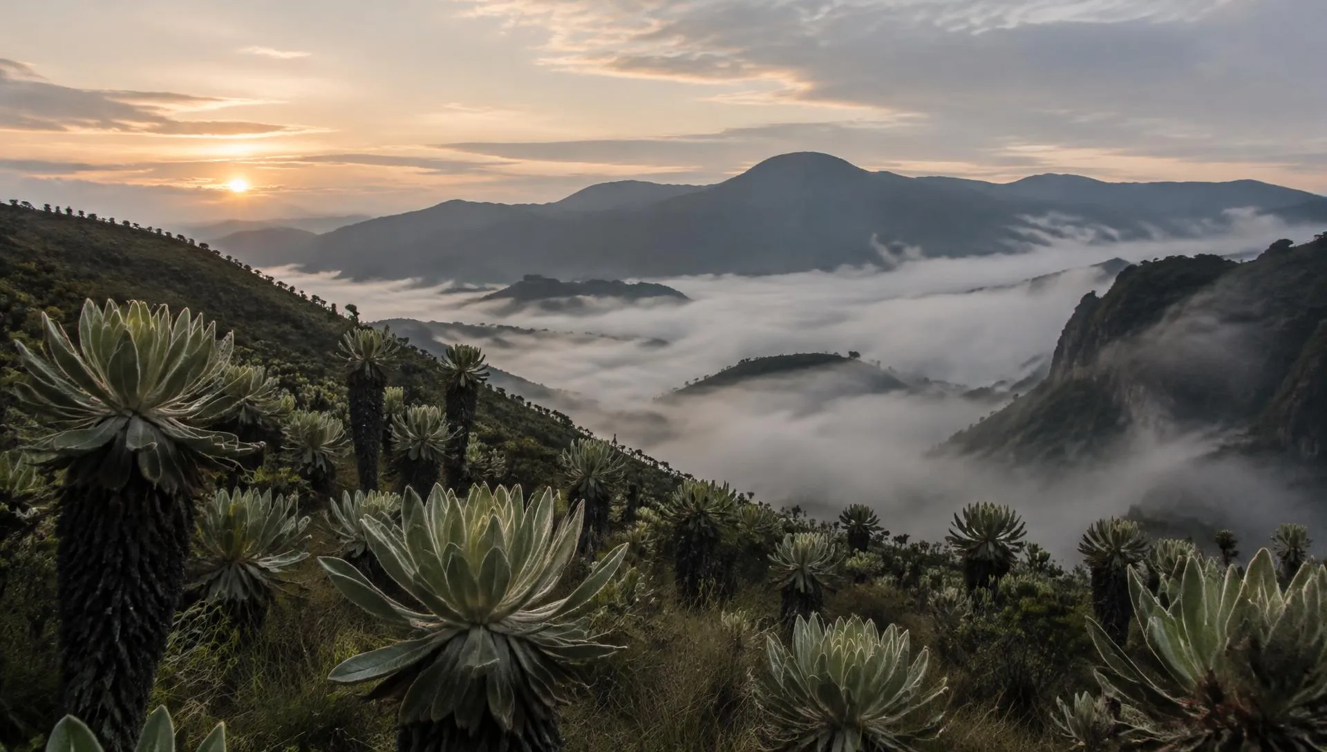 Páramo colombiano con frailejones y neblina al amanecer